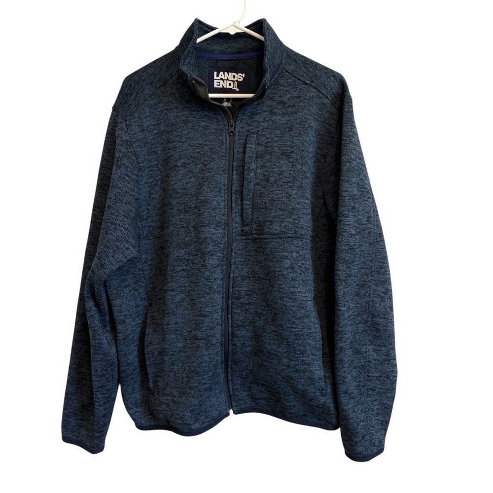 Lands End Mens Jacket Size Large Full Zip Knit Fleece Navy Blue *Flaw*